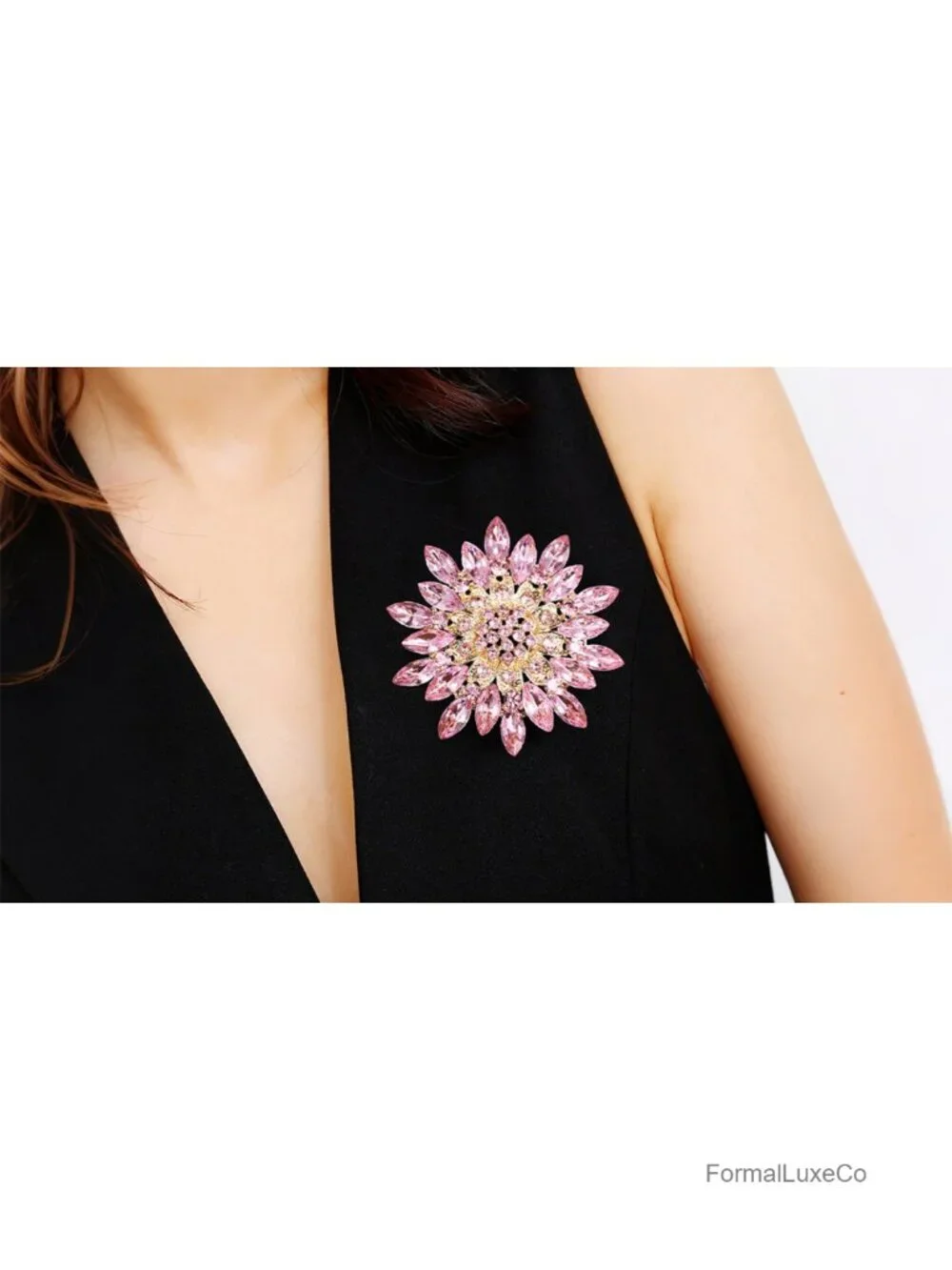 Sparkly Crystal Sunflower Brooch Pin - Gold Plated Cubic Zirconia Statement